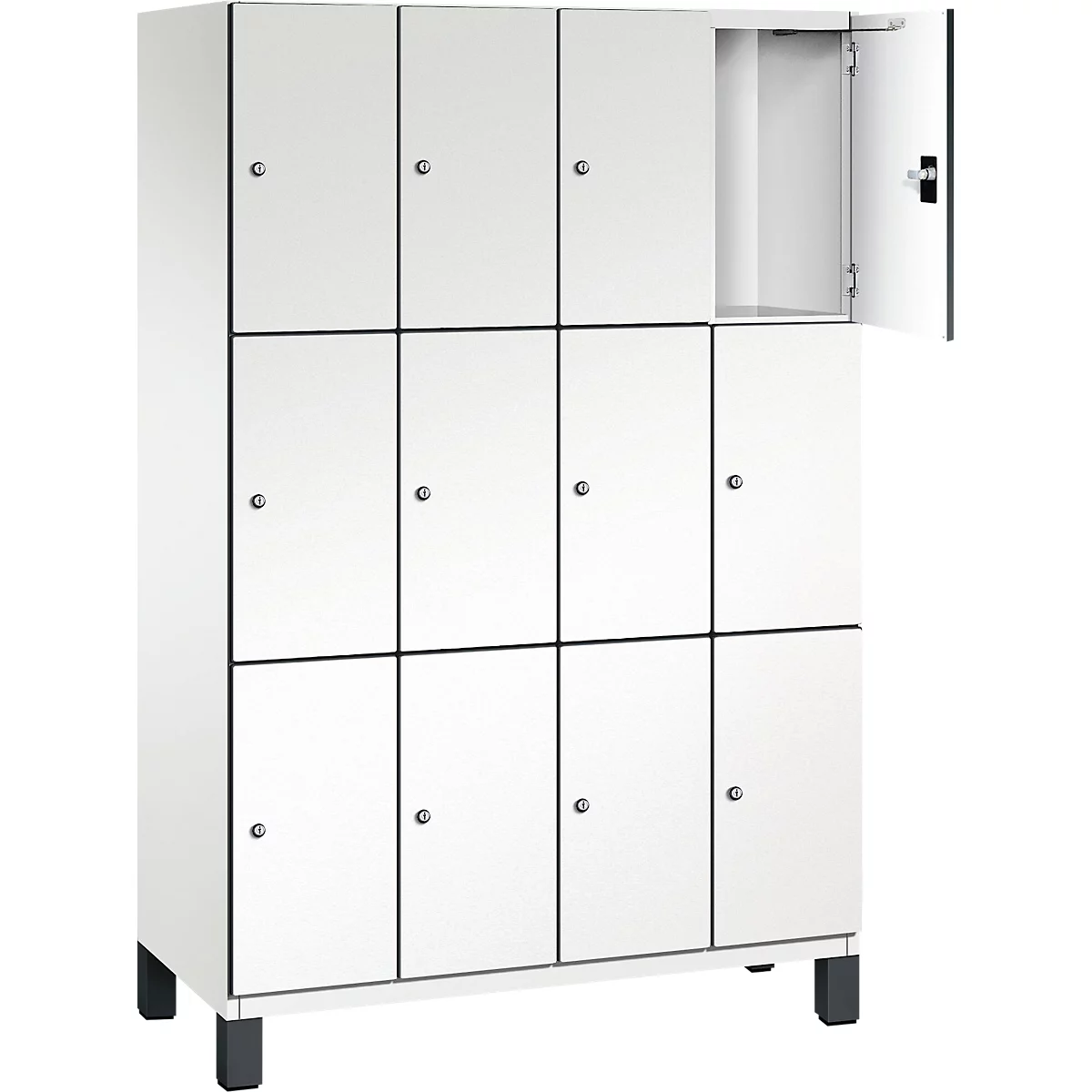 Witte locker met open vak. Zwarte frames en handgrepen.