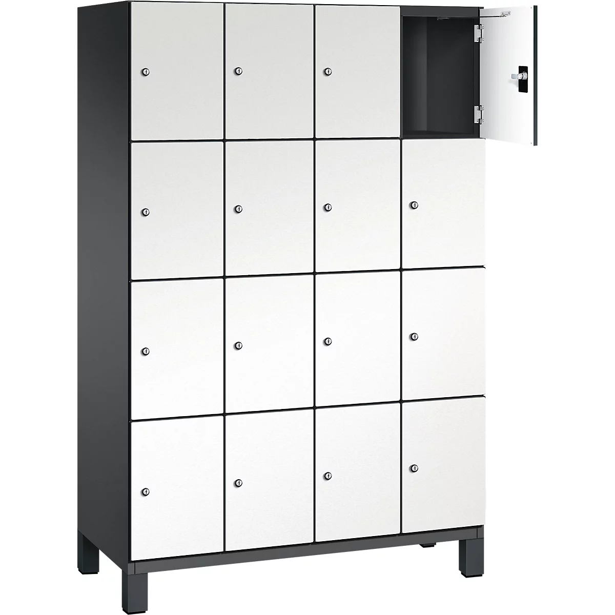 Kast met 16 compartimenten, wit met grijze frames. Eén deur is open.