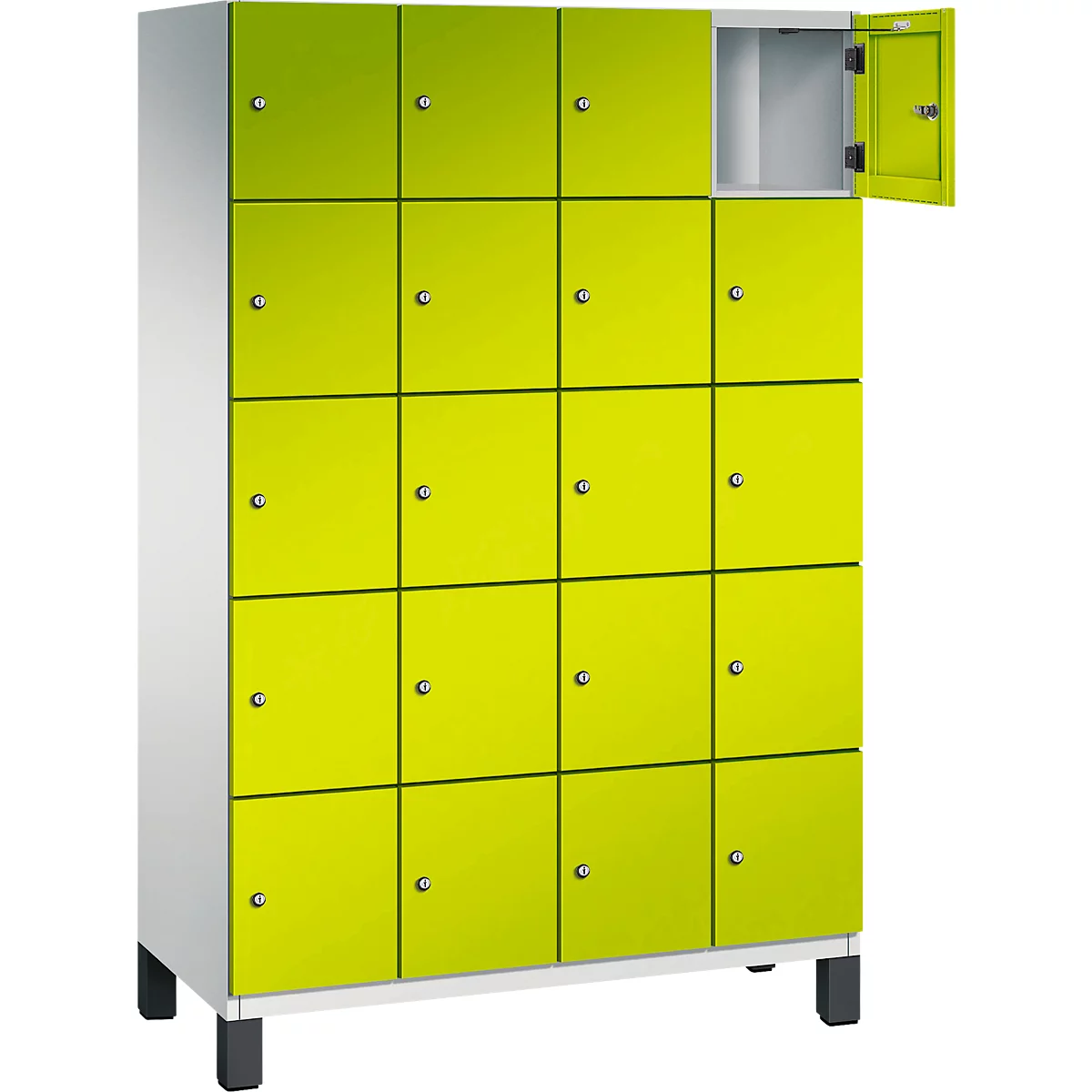 Een kast met 20 vierkante, geelgroene deuren. Eén deur is open en toont het interieur.