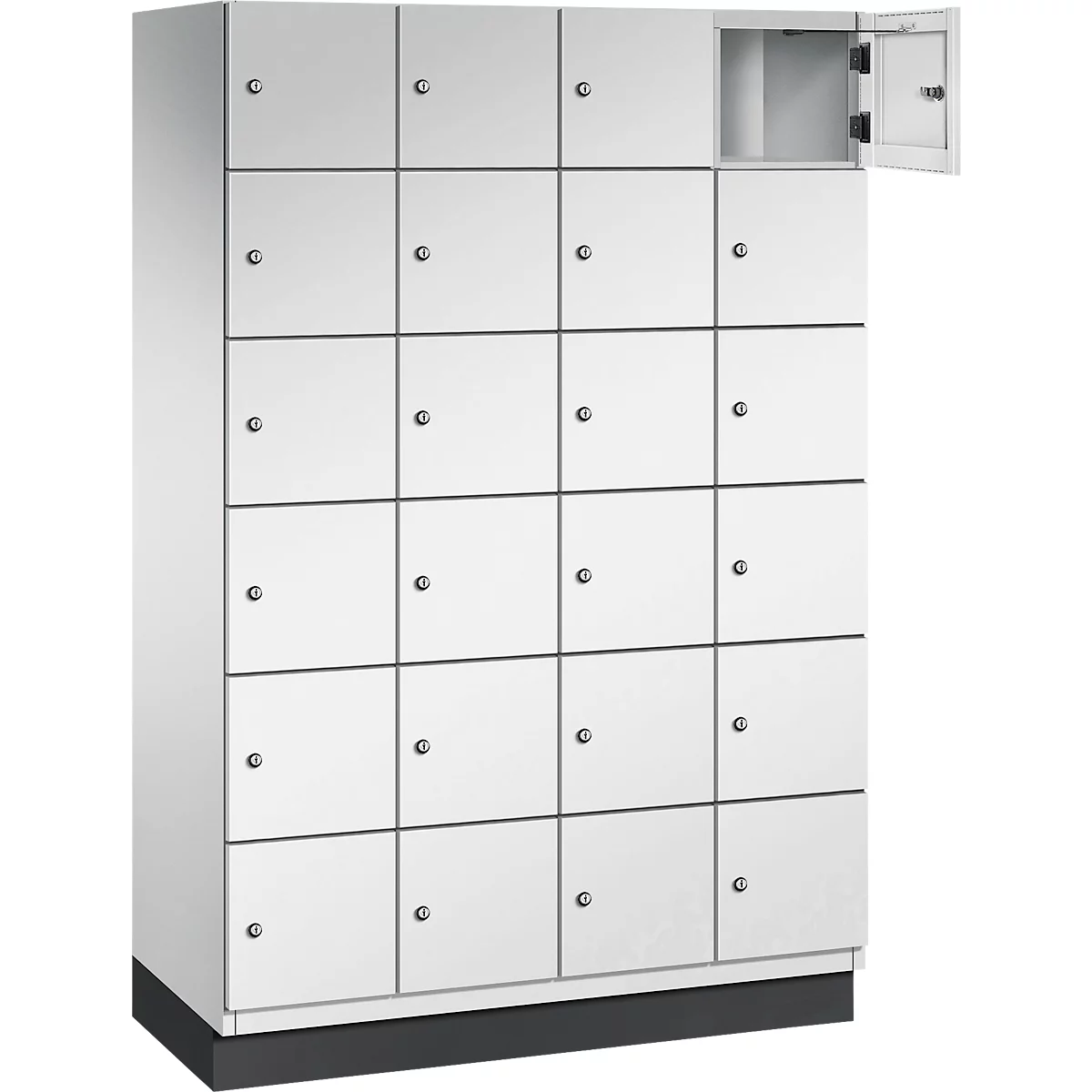 Witte locker met 20 vakken, één vak open. Grijze sokkel.