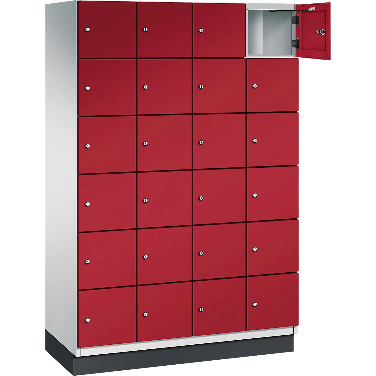 Een kast met rode deuren, één deur open. Knoppen en zilveren handgrepen.