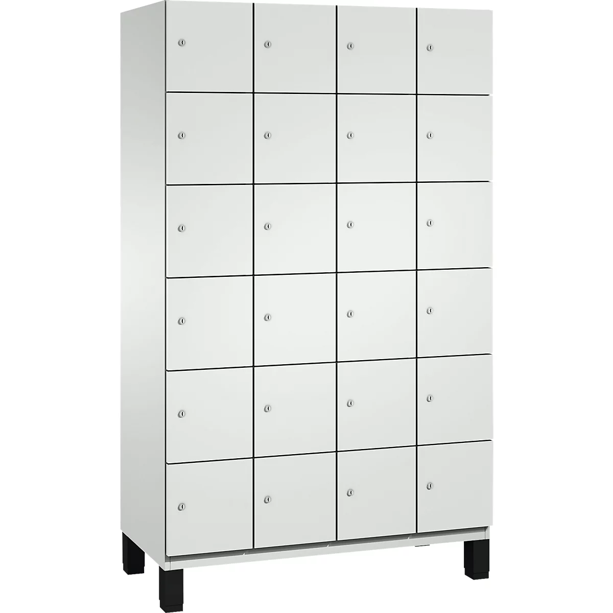 Witte kast met 20 deuren, elk voorzien van een kleine, ronde handgreep, staat op zwarte poten.