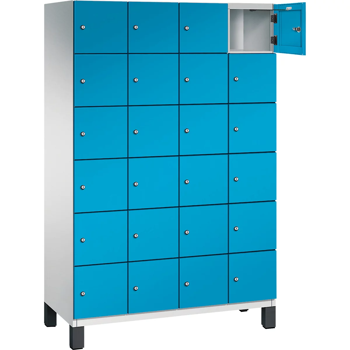 Kast met blauwe deuren, één deur is open. Grijs lichaam, zwarte voeten. Metalen handgrepen op elke deur.
