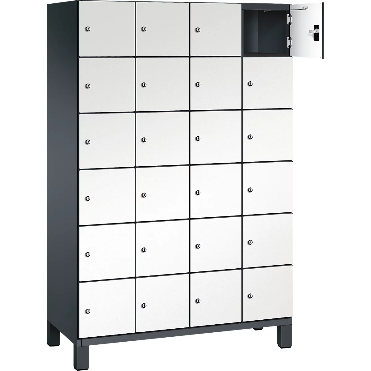 Een kast met 20 compartimenten, witte deuren, grijs frame, één compartiment open.