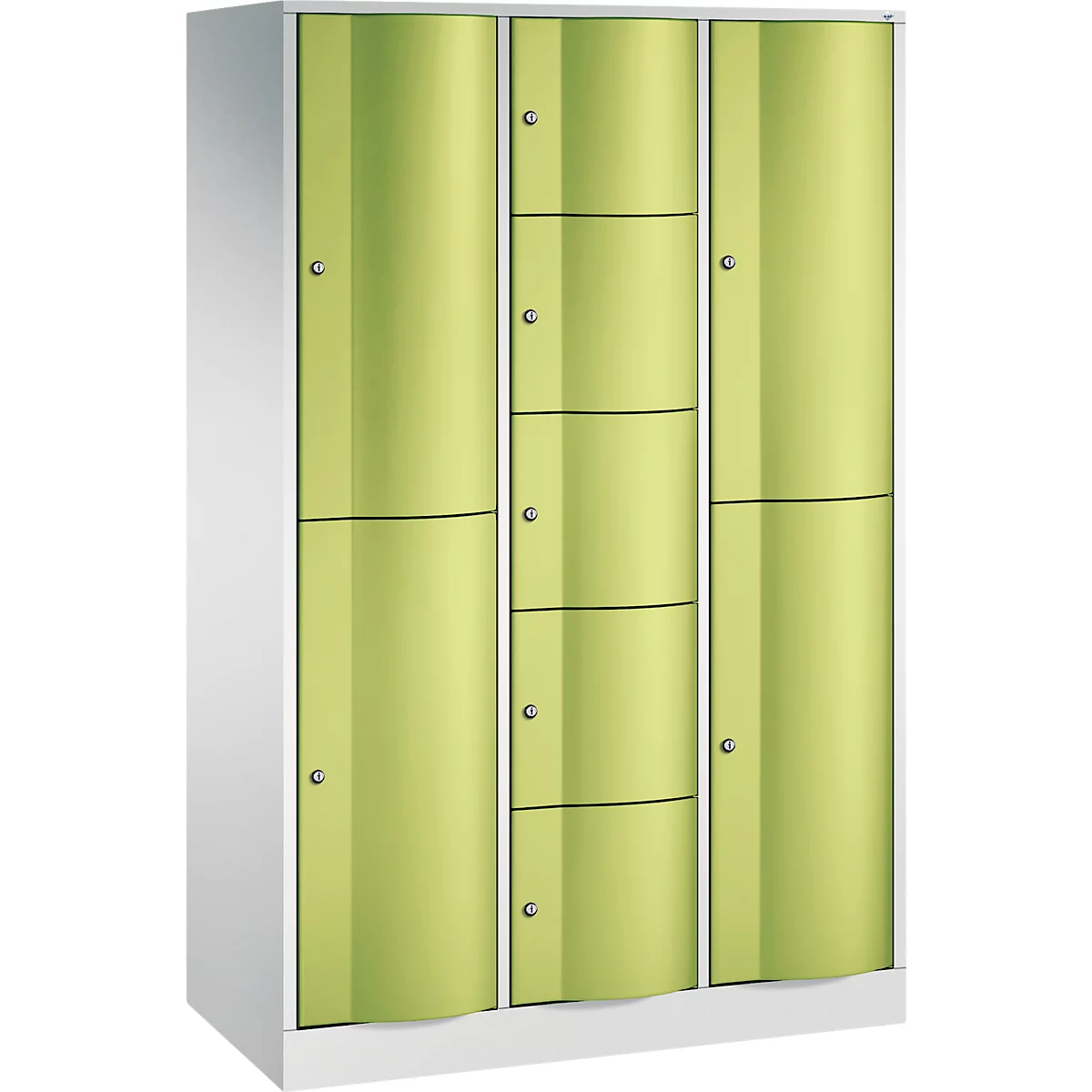 Witte kast met zes compartimenten, afgeronde vormen. Elk compartiment met een klein zilveren slot.