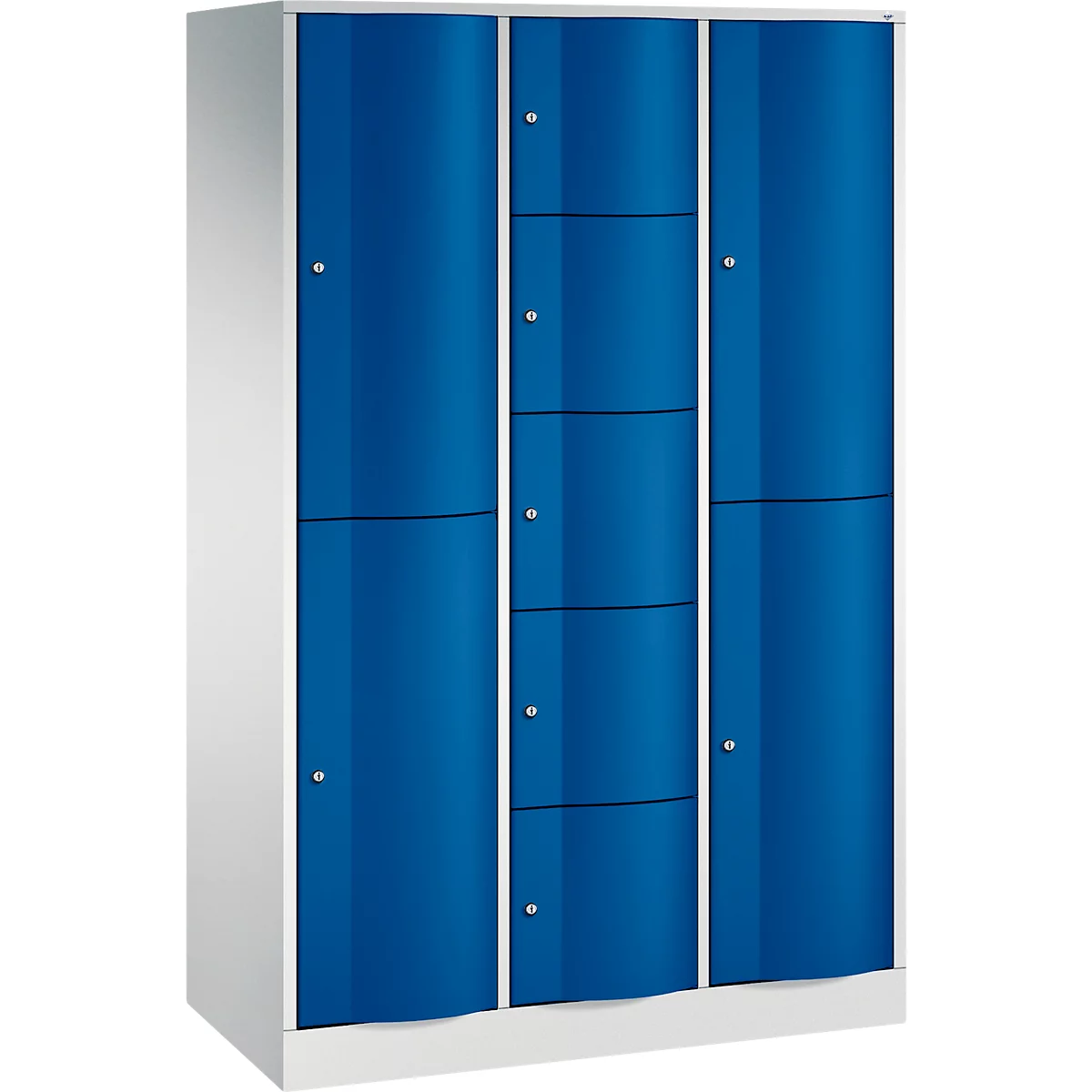 Blauwe locker met witte zijpanelen. Het heeft verschillende compartimenten en kleine zilveren handgrepen.