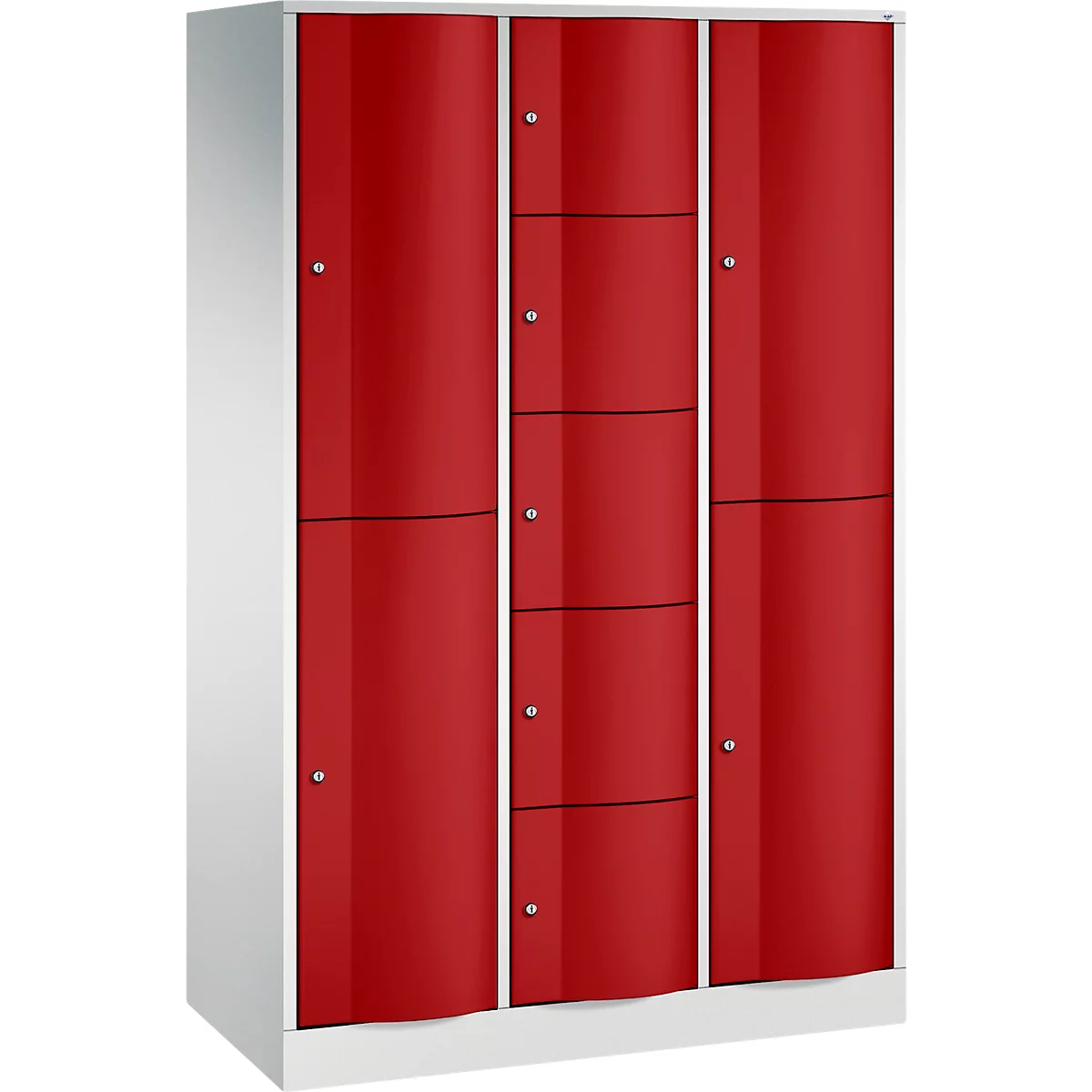 Een blauwe kast met meerdere compartimenten en zilverkleurige knoppen.