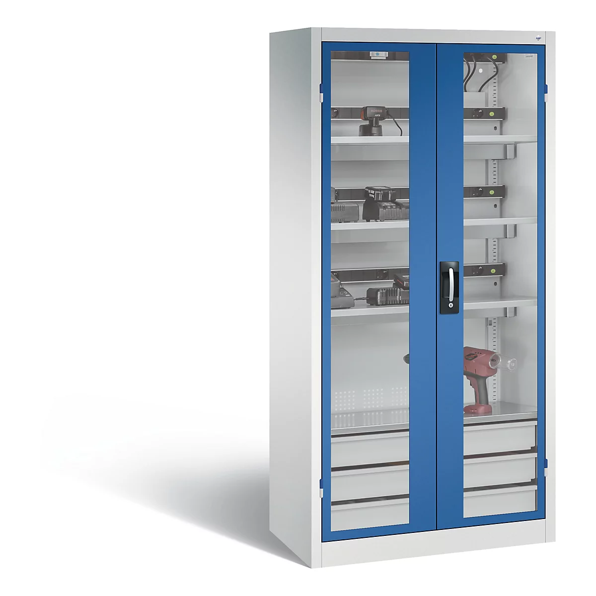 C+P Comfort acculaadkast met acrylglas doorkijkvenster, H 1950 x B 930 x D 500 mm, lichtgrijs/ gentiaanblauw