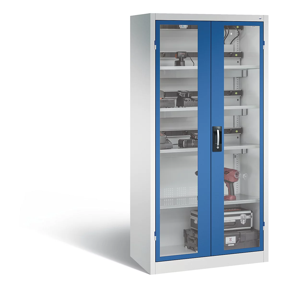 C+P Comfort acculaadkast met acrylglas doorkijkvenster, H 1950 x B 930 x D 500 mm, lichtgrijs/ gentiaanblauw