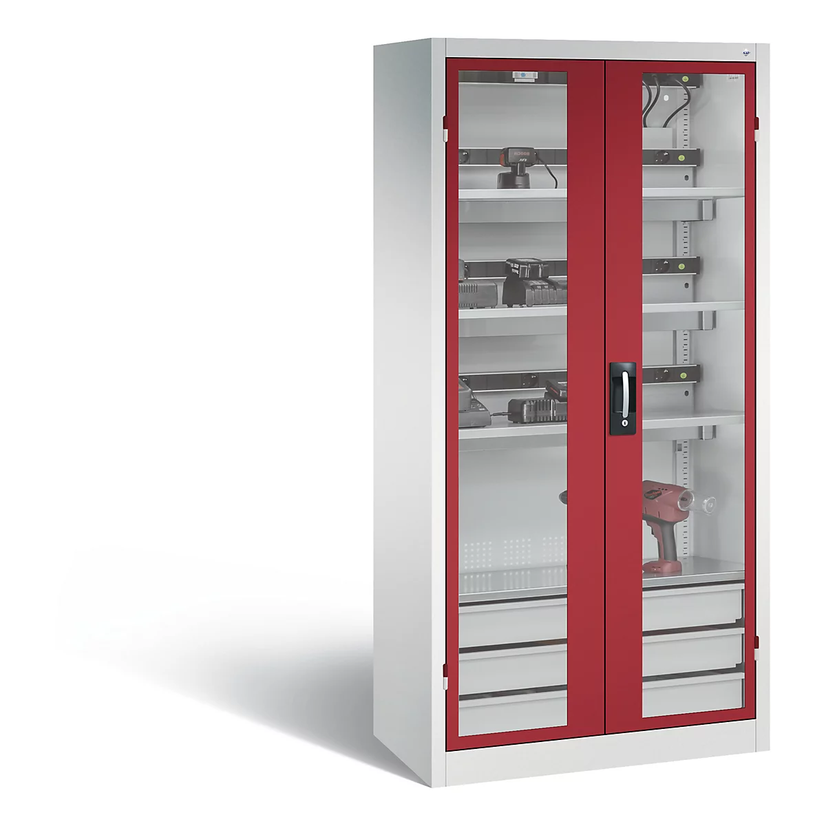 C+P Comfort acculaadkast met acrylglas doorkijkvenster, H 1950 x B 930 x D 500 mm, lichtgrijs/ruinrood