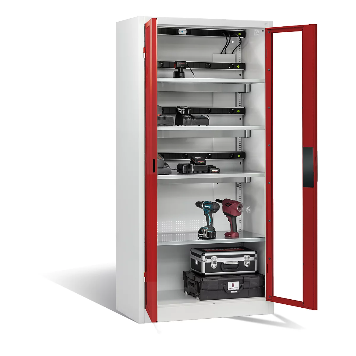 C+P Comfort acculaadkast met acrylglas doorkijkvenster, H 1950 x B 930 x D 500 mm, lichtgrijs/ruinrood