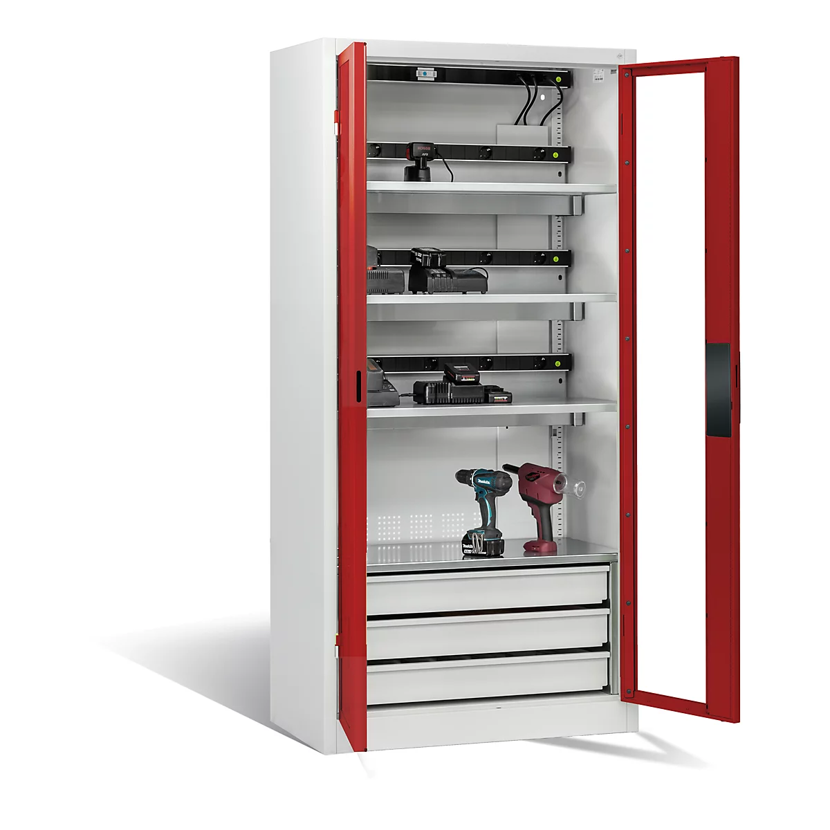 C+P Comfort acculaadkast met acrylglas doorkijkvenster, H 1950 x B 930 x D 500 mm, lichtgrijs/ruinrood