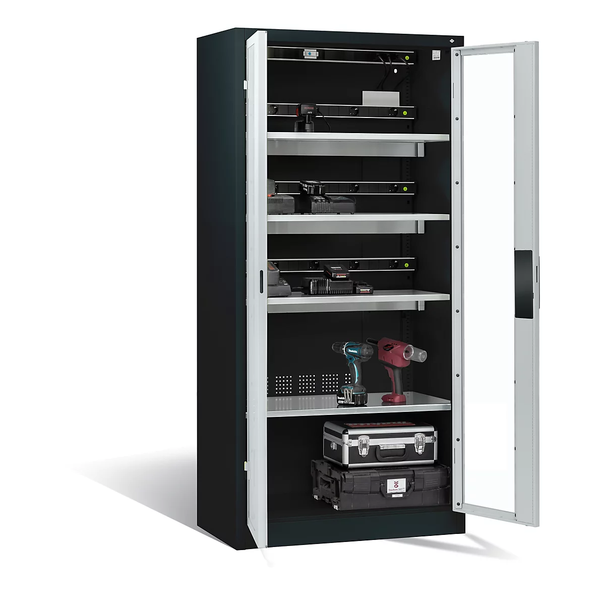 C+P Comfort acculaadkast met kijkvenster van acrylglas, H 1950 x B 930 x D 500 mm, antraciet/lichtgrijs