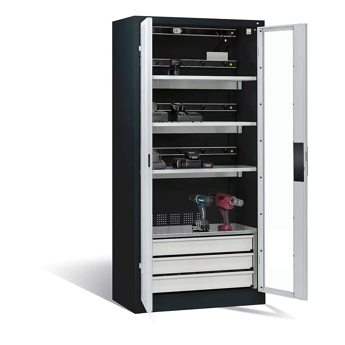 C+P Comfort acculaadkast met kijkvenster van acrylglas, H 1950 x B 930 x D 500 mm, antraciet/lichtgrijs