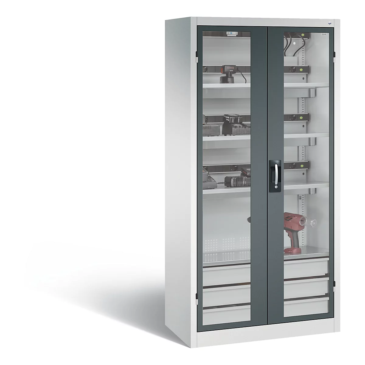 C+P Comfort acculaadkast met kijkvenster van acrylglas, H 1950 x B 930 x D 500 mm, lichtgrijs/antraciet