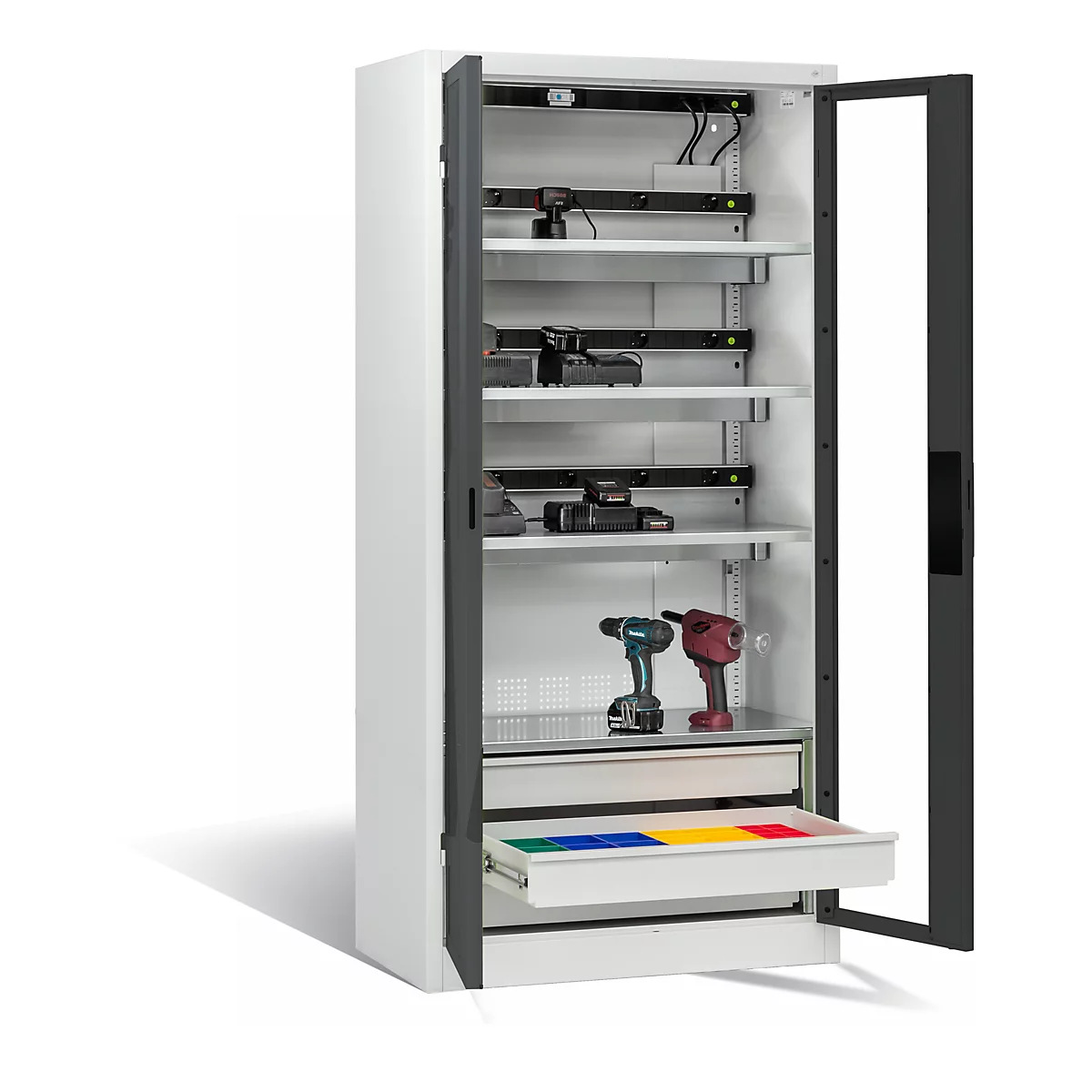 C+P Comfort acculaadkast met kijkvenster van acrylglas, H 1950 x B 930 x D 500 mm, lichtgrijs/antraciet