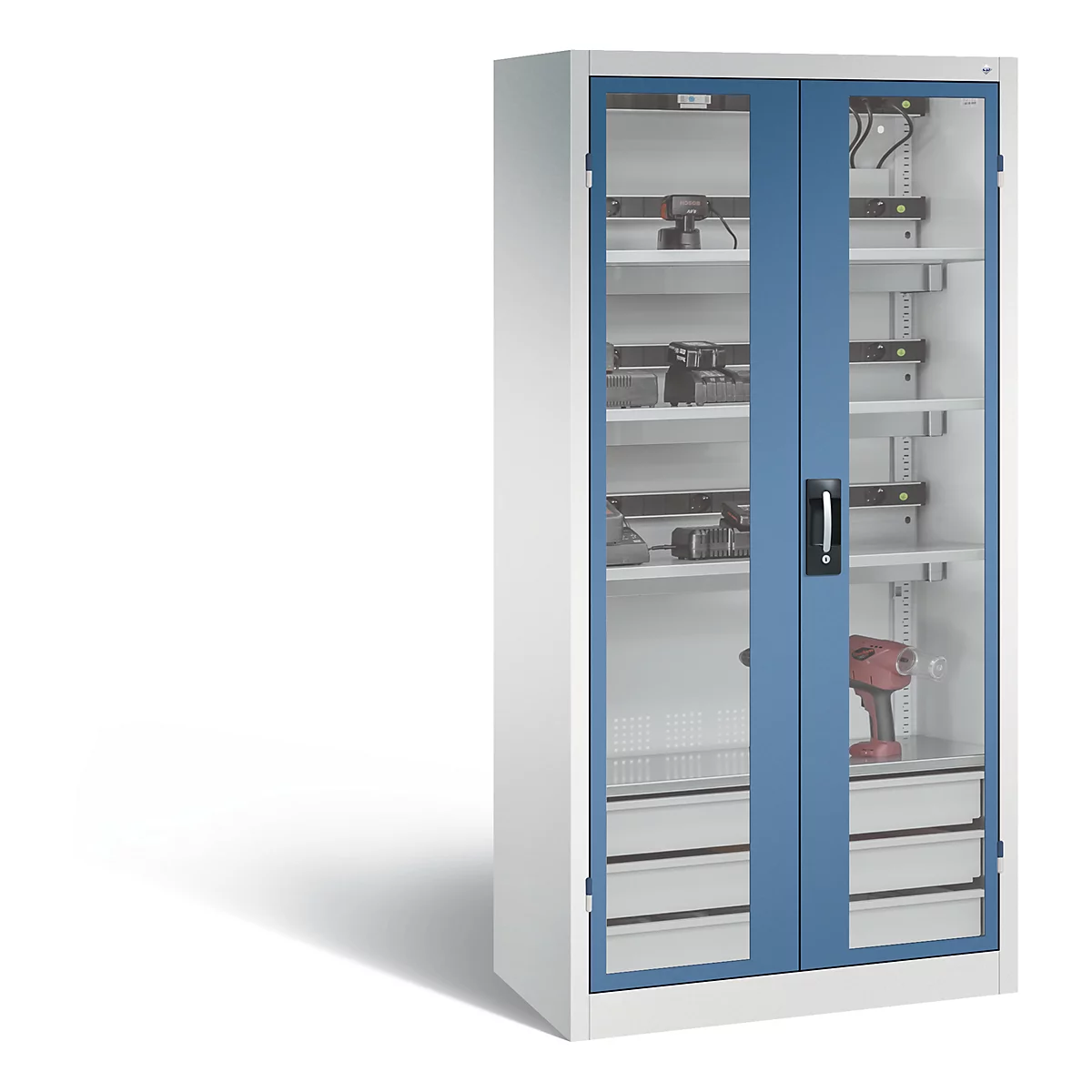 C+P Comfort acculaadkast met kijkvenster van acrylglas, H 1950 x B 930 x D 500 mm, lichtgrijs/blauw