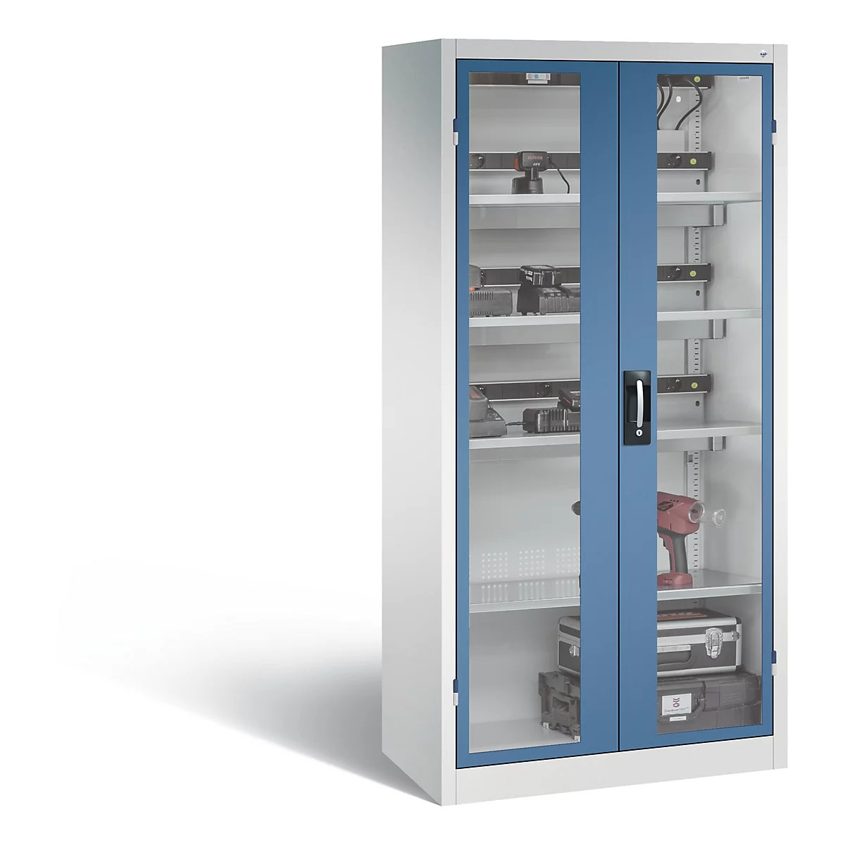 C+P Comfort acculaadkast met kijkvenster van acrylglas, H 1950 x B 930 x D 500 mm, lichtgrijs/blauw