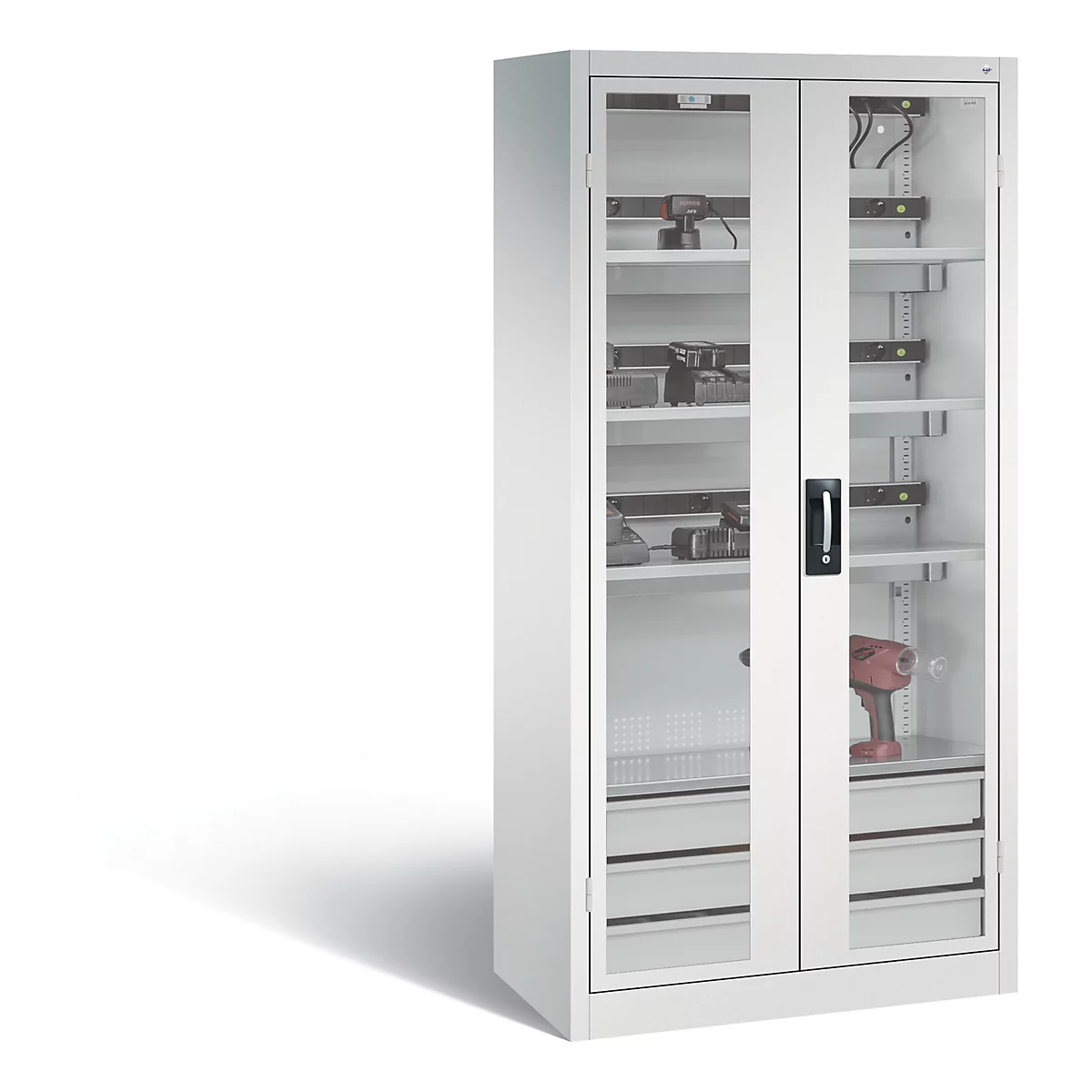 C+P Comfort acculaadkast met kijkvenster van acrylglas, H 1950 x B 930 x D 500 mm, lichtgrijs