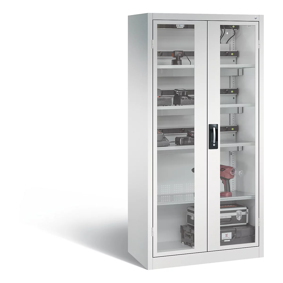 C+P Comfort acculaadkast met kijkvenster van acrylglas, H 1950 x B 930 x D 500 mm, lichtgrijs
