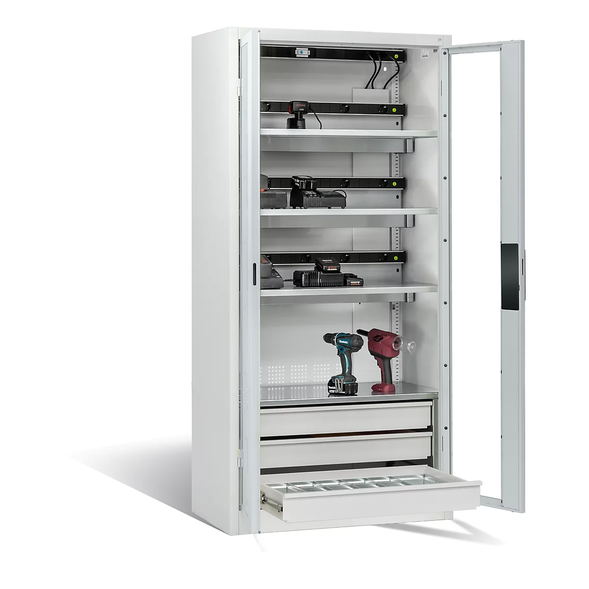 C+P Comfort acculaadkast met kijkvenster van acrylglas, H 1950 x B 930 x D 500 mm, lichtgrijs