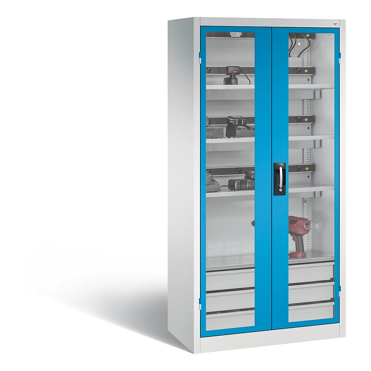 C+P Comfort acculaadkast met kijkvenster van acrylglas, H 1950 x B 930 x D 500 mm, lichtgrijs/lichtblauw