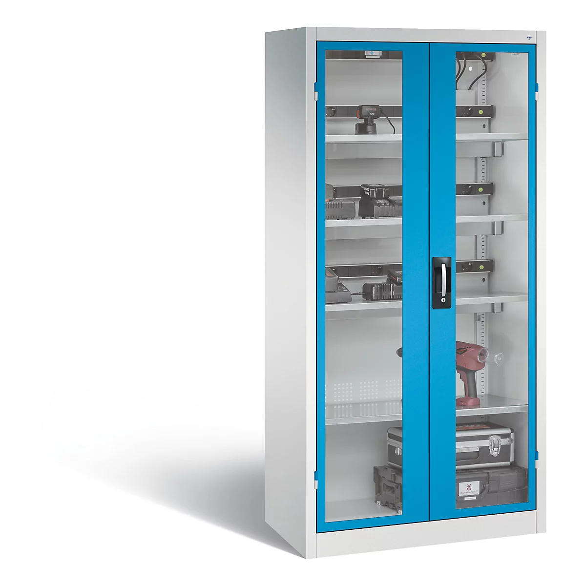 C+P Comfort acculaadkast met kijkvenster van acrylglas, H 1950 x B 930 x D 500 mm, lichtgrijs/lichtblauw