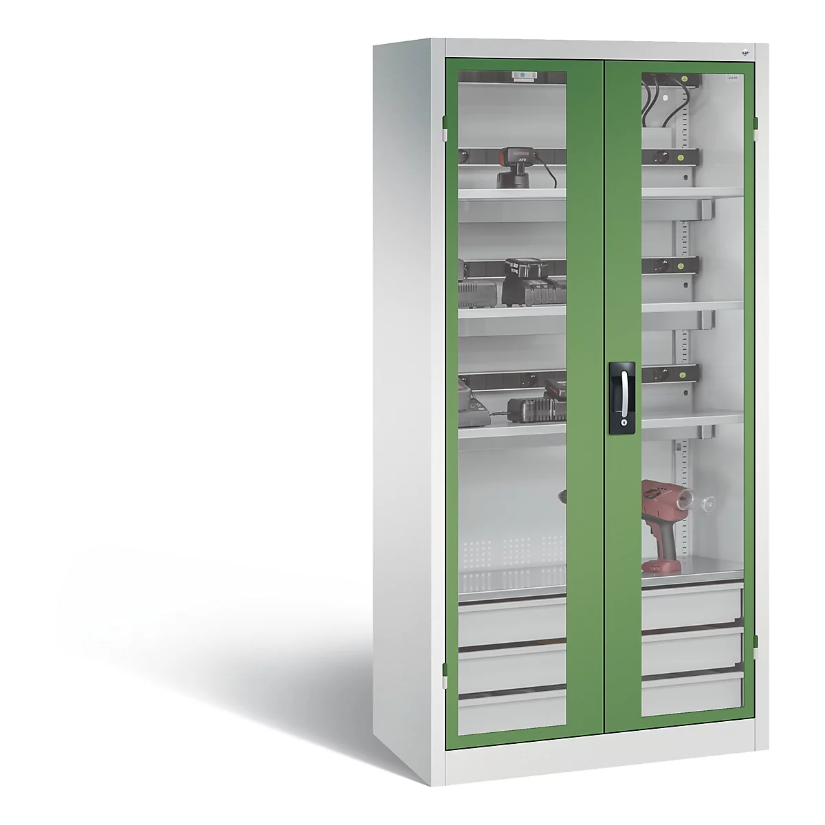 C+P Comfort acculaadkast met kijkvenster van acrylglas, H 1950 x B 930 x D 500 mm, lichtgrijs/resedagroen