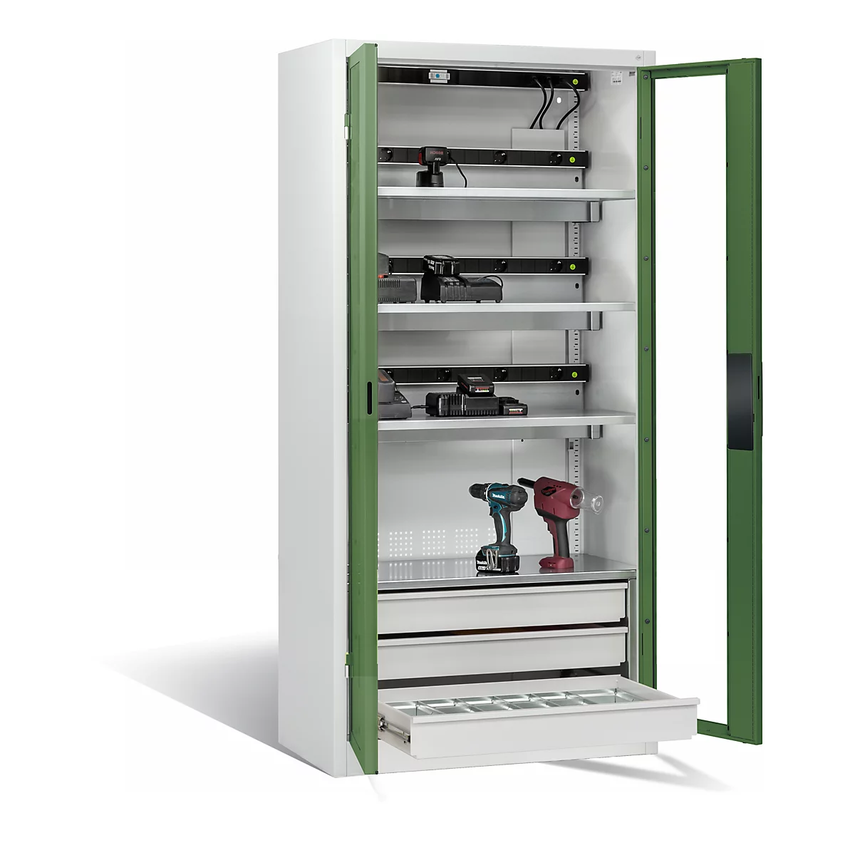 C+P Comfort acculaadkast met kijkvenster van acrylglas, H 1950 x B 930 x D 500 mm, lichtgrijs/resedagroen