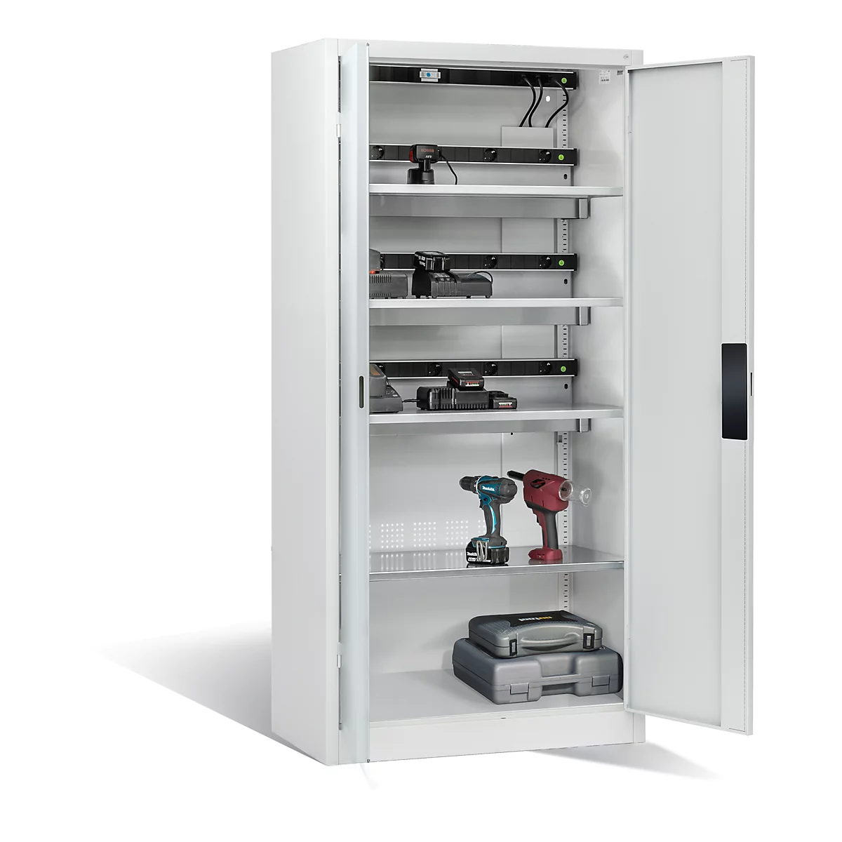 C+P Comfort acculaadkast met massieve plaatstalen deuren, H 1950 x B 930 x D 500 mm, lichtgrijs