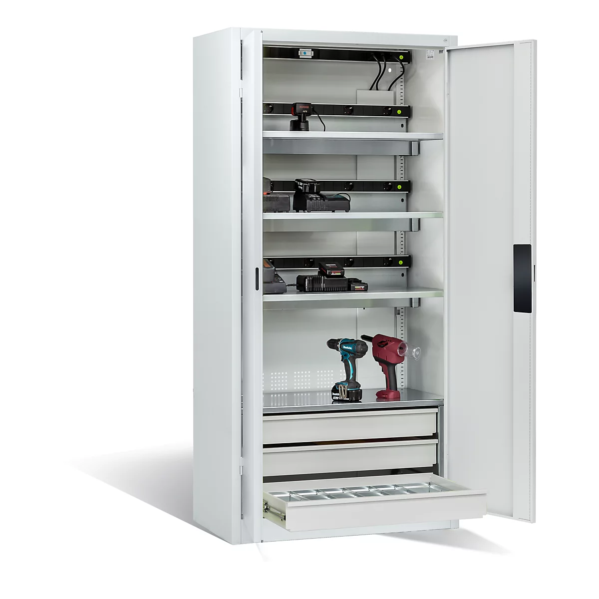 C+P Comfort acculaadkast met massieve plaatstalen deuren, H 1950 x B 930 x D 500 mm, lichtgrijs