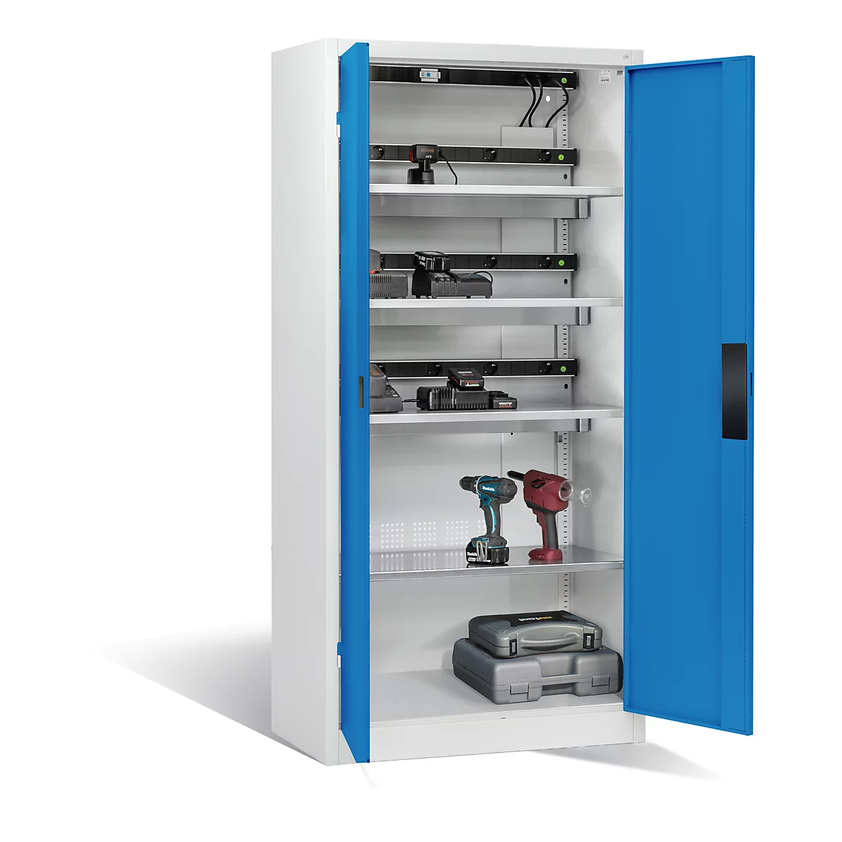 C+P Comfort acculaadkast met massieve plaatstalen deuren, H 1950 x B 930 x D 500 mm, lichtgrijs/lichtblauw