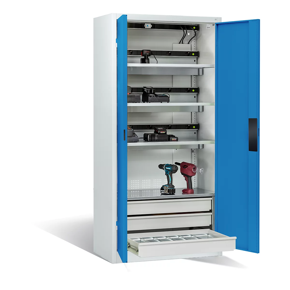 C+P Comfort acculaadkast met massieve plaatstalen deuren, H 1950 x B 930 x D 500 mm, lichtgrijs/lichtblauw