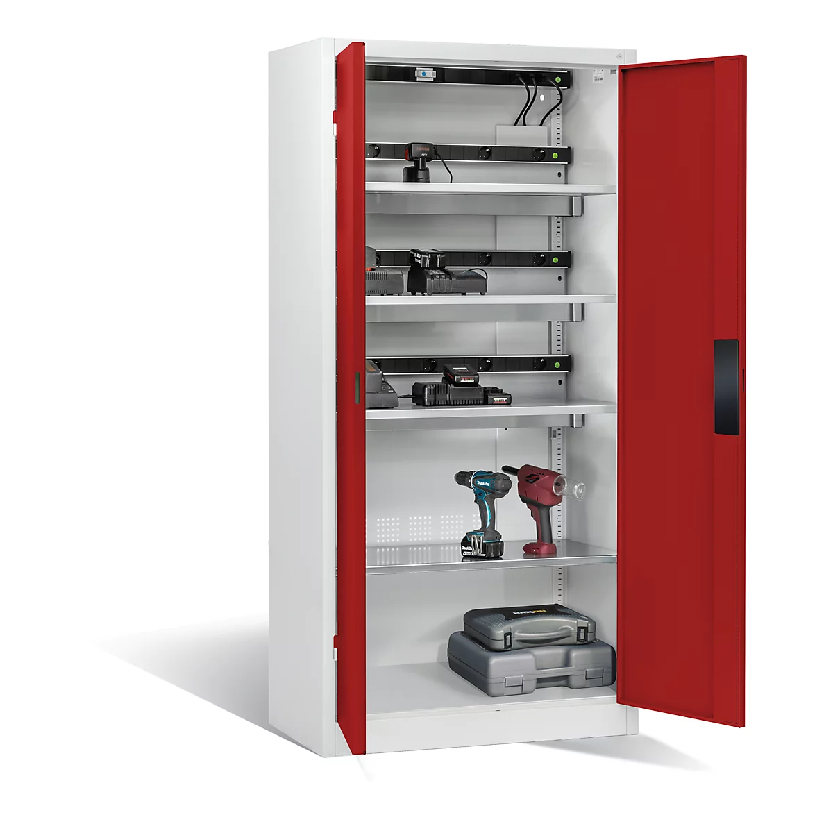 C+P Comfort acculaadkast met massieve plaatstalen deuren, H 1950 x B 930 x D 500 mm, lichtgrijs/ruinrood