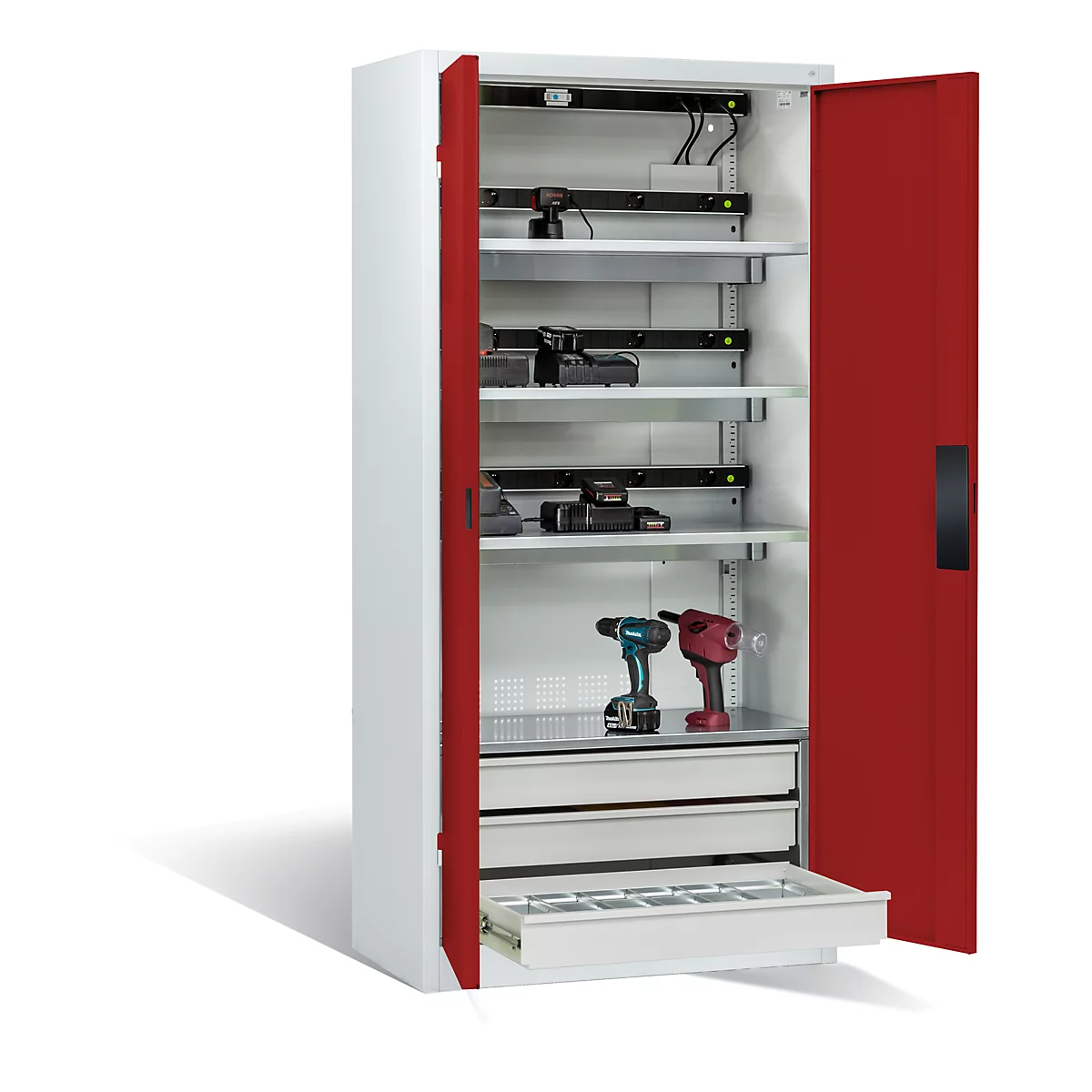 C+P Comfort acculaadkast met massieve plaatstalen deuren, H 1950 x B 930 x D 500 mm, lichtgrijs/ruinrood