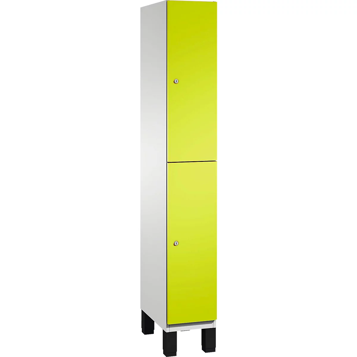 Schrank mit zwei Türen, weiss und neongelb, mit schwarzen Füssen. Zwei silberne Türgriffe.