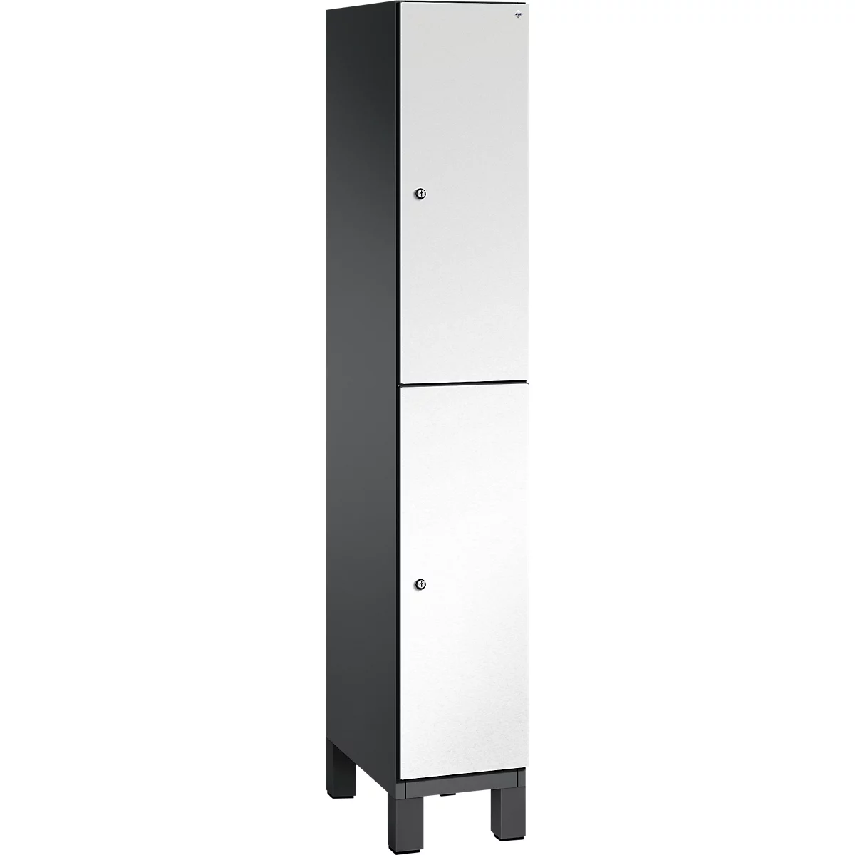 Hoher, zweifarbiger Schrank: rechte Tür weiß, linke und Rückseite dunkelgrau, auf Füßen.