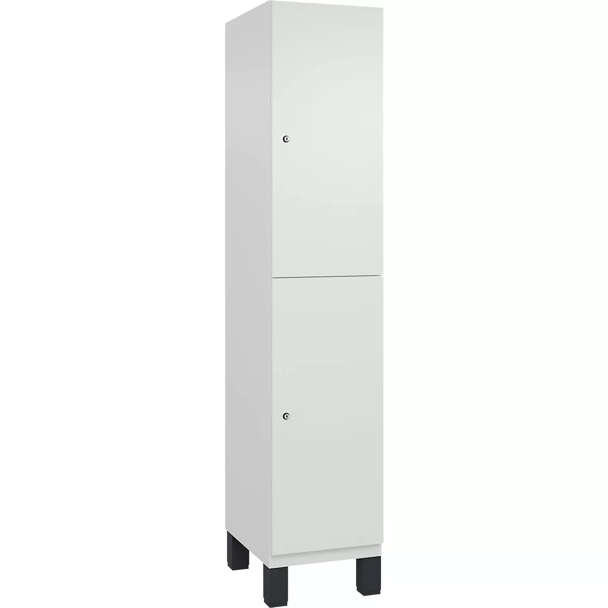 Hoher, weißer Schrank mit zwei Türen und schwarzen Füßen.