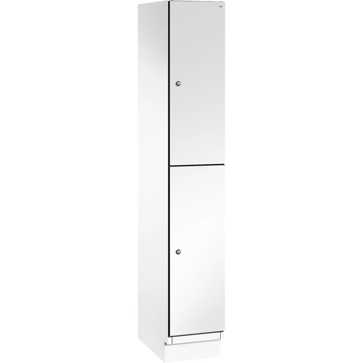 Weißer Schrank mit zwei Türen und kleinen Knöpfen.