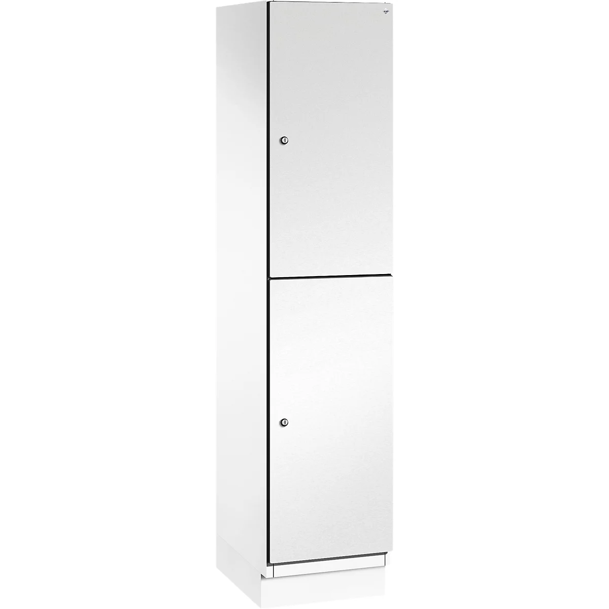 Weißer Spind mit zwei Türen, Griffen und Schloss.