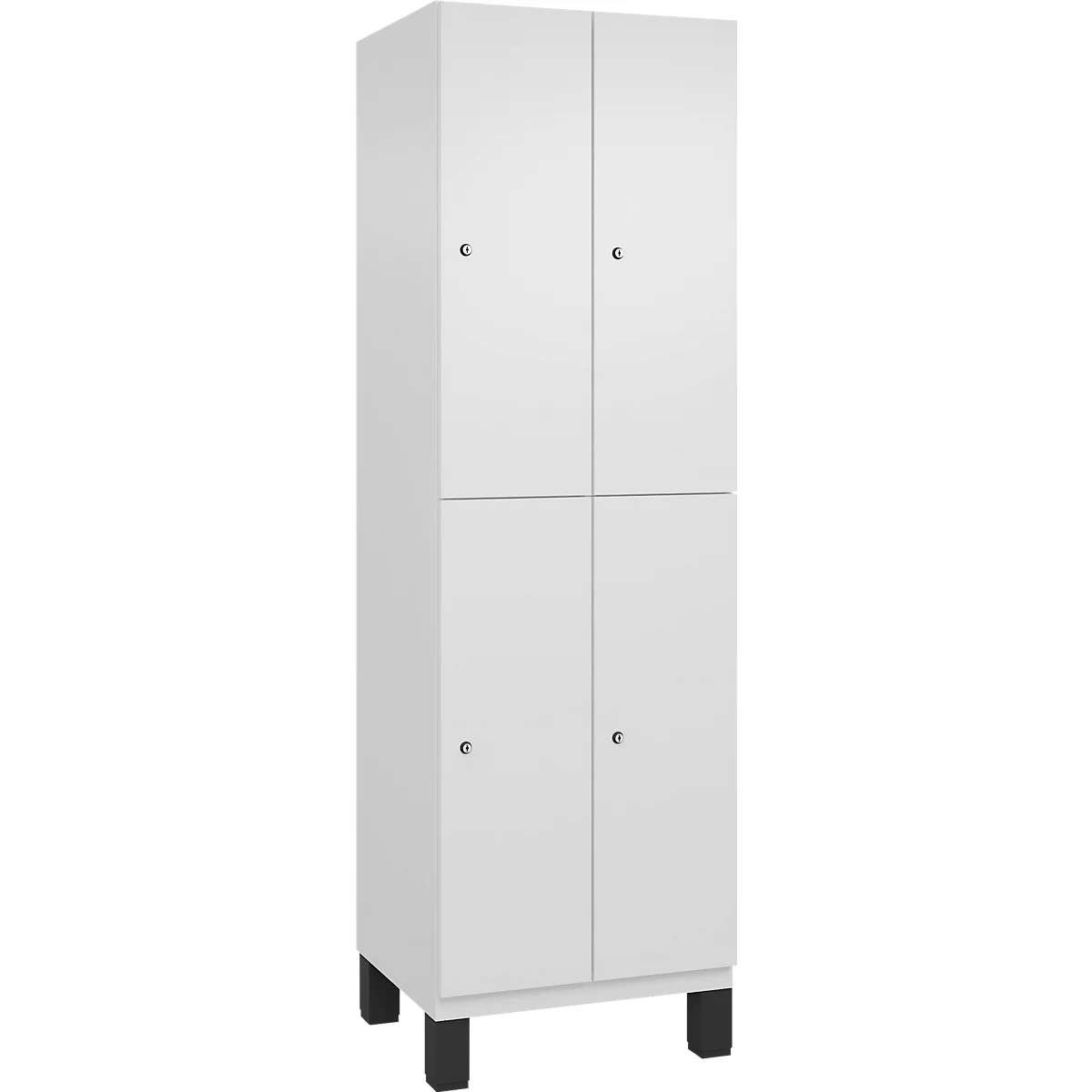 Weißer Schrank, mit vier Türen, auf schwarzen Füßen. Jede Tür hat einen kleinen runden Knauf.