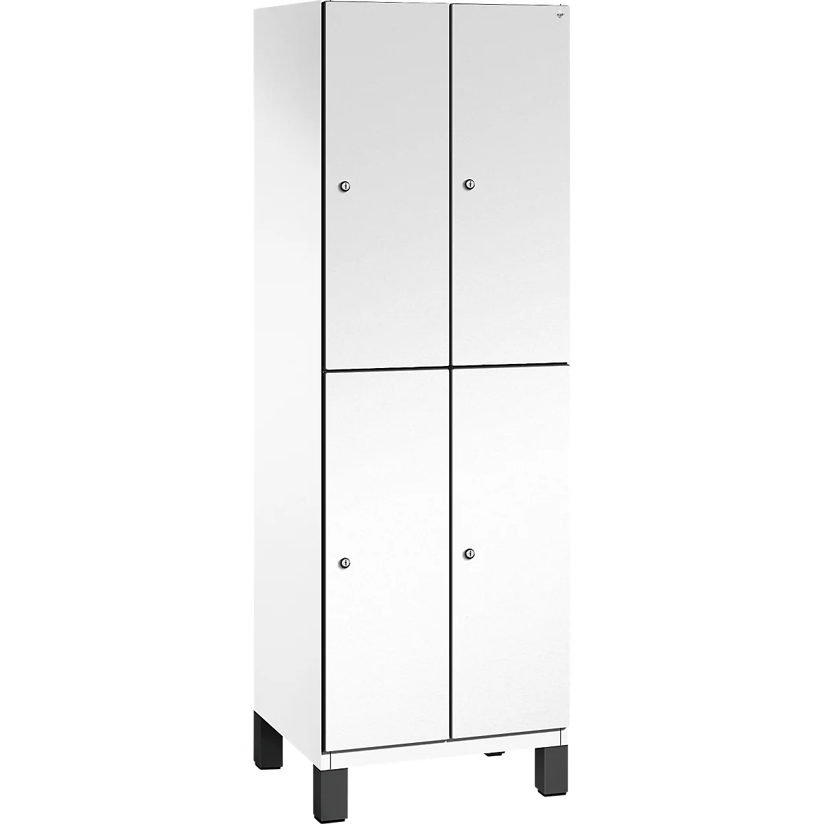 Weißer Schrank mit vier Türen, jeweils mit einem kleinen runden Knauf, steht auf schwarzen Füßen.