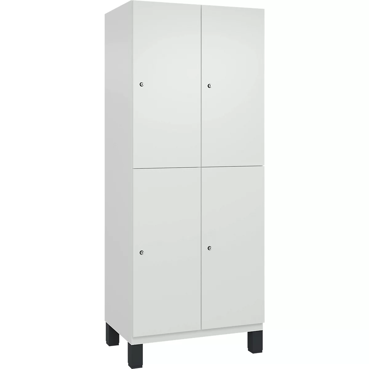 Weißer Schrank mit vier Türen und schwarzen Füßen. Jede Tür hat einen kleinen Knopf.