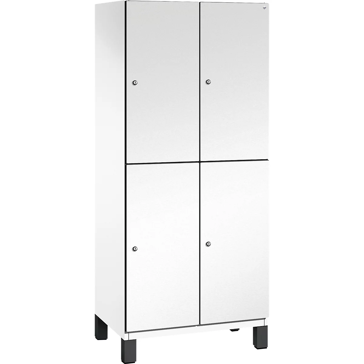 Weißer Schrank mit vier Türen, schwarzen Griffen, auf schwarzen Füßen.