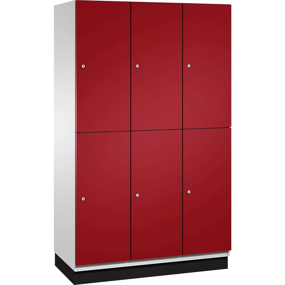 Roter Schrank mit sechs Türen, silberfarbenen Griffen und weißem Korpus. Steht auf schwarzem Sockel.