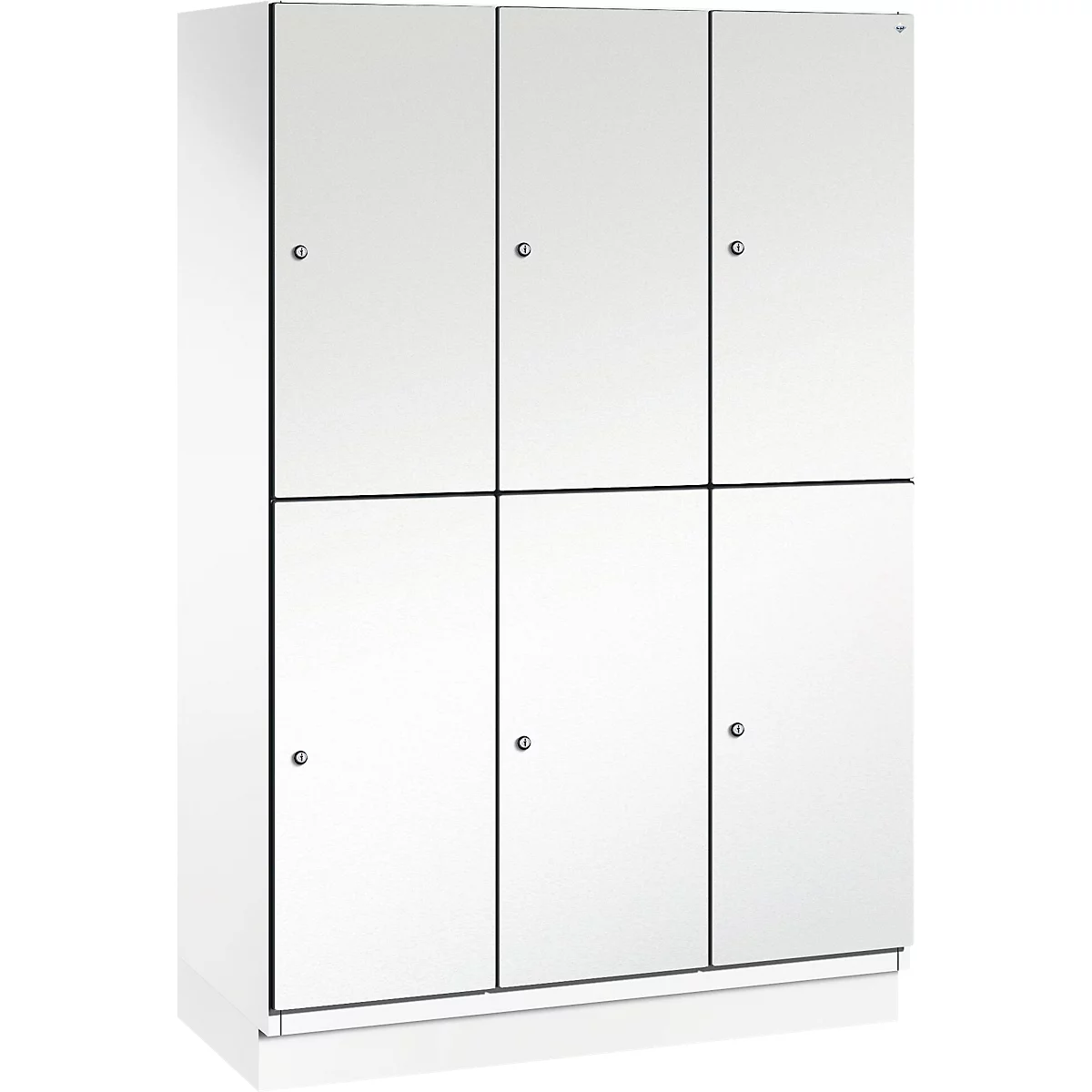 Weißer Schrank mit sechs Türen, unterteilt durch schwarze Linien. Jede Tür hat einen kleinen runden Knopf.