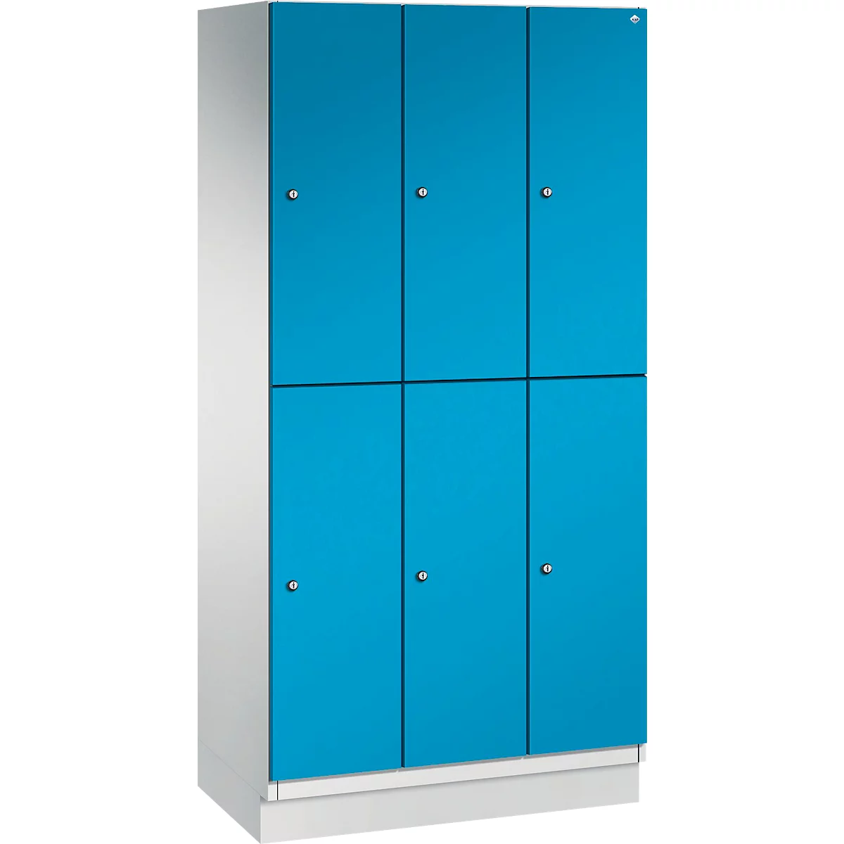 Blaue Schrankwand mit sechs Türen, silberfarbene Knöpfe. Unterer Teil weiß.