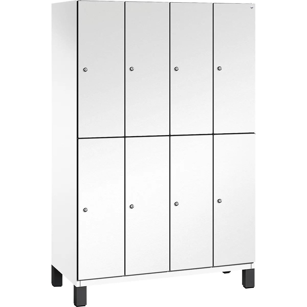 Weißer Spindschrank, mit 8 Türen. Schwarze Türrahmen und Füße.