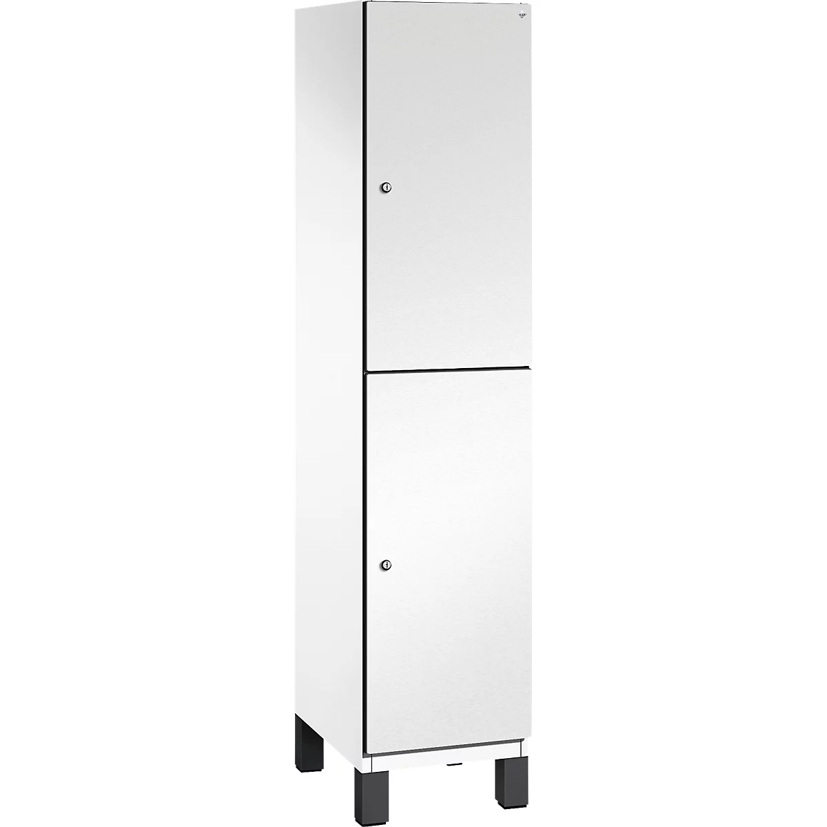 Witte kast met twee deuren en zwarte poten.