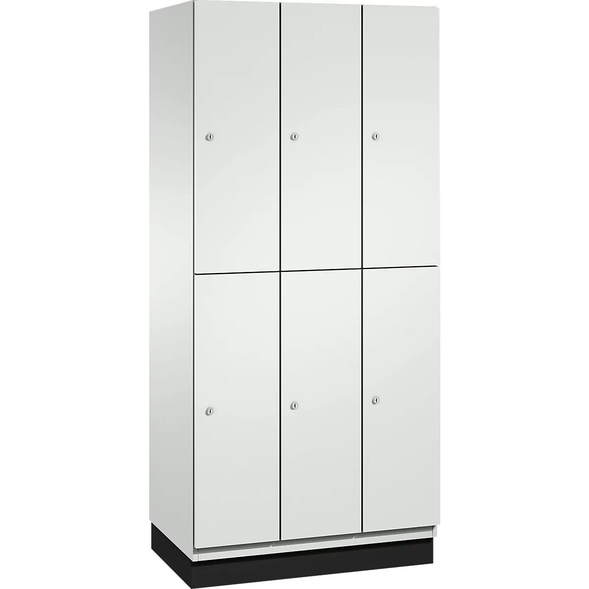 Witte kast met zes deuren en zilveren knoppen. Zwarte basis.